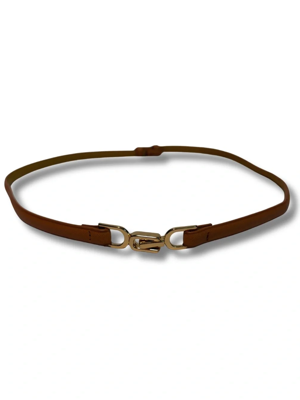 Slim Brown Waist Belt with Gold Interlock Buckle